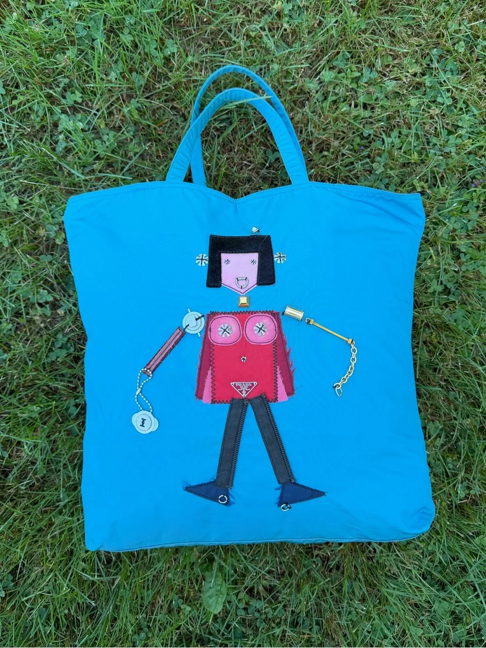 Vintage Prada Robot Blue Tessuto Appliqué Tote Bag Shopper